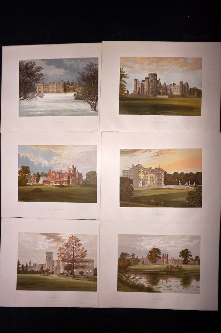 Morris Seats C1870 Lot of 6 British Color Woodblock Views: Color Printed Woodblock Published 1866-1880 by William Mckenzie, London for "Picturesque Views of Seats of Noblemen and Gentlemen of Great Britain and Ireland" by the Rev. F. O. Morris. Printed by Ben