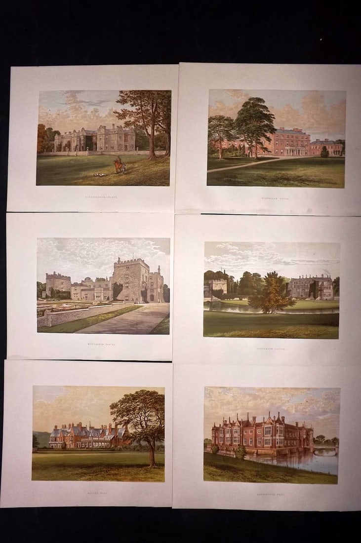 Morris Seats C1870 Lot of 6 British Color Woodblock Views: Color Printed Woodblock Published 1866-1880 by William Mckenzie, London for "Picturesque Views of Seats of Noblemen and Gentlemen of Great Britain and Ireland" by the Rev. F. O. Morris. Printed by Ben