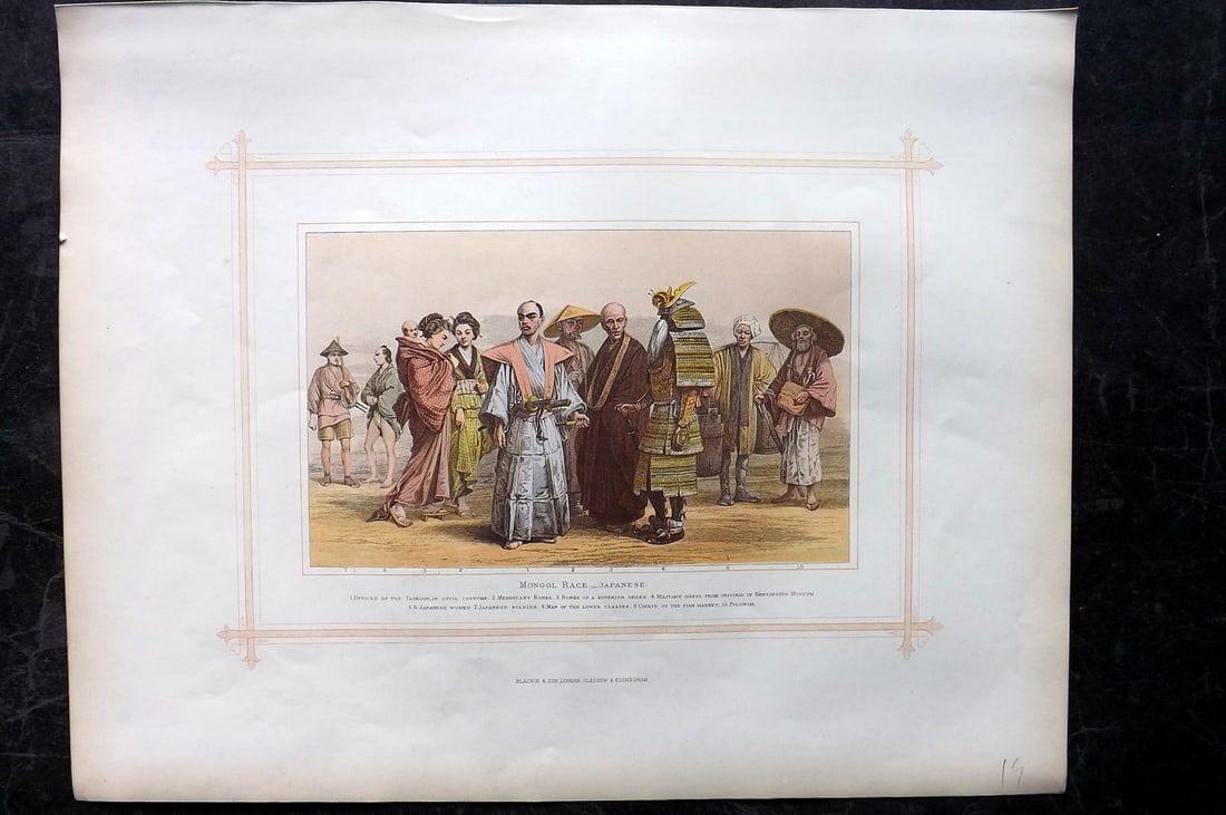 Blackie (Pub) 1882 Folio Print. Mongol Race - Japanese. Samurai etc: Color Printed Woodblock Published 1882 by Blackie & Son, London for "The Comprehensive Atlas & Geography of the World" by W. G. Blackie. Paper Size: 15 x 12 inch (38 x 30cm) Good condition