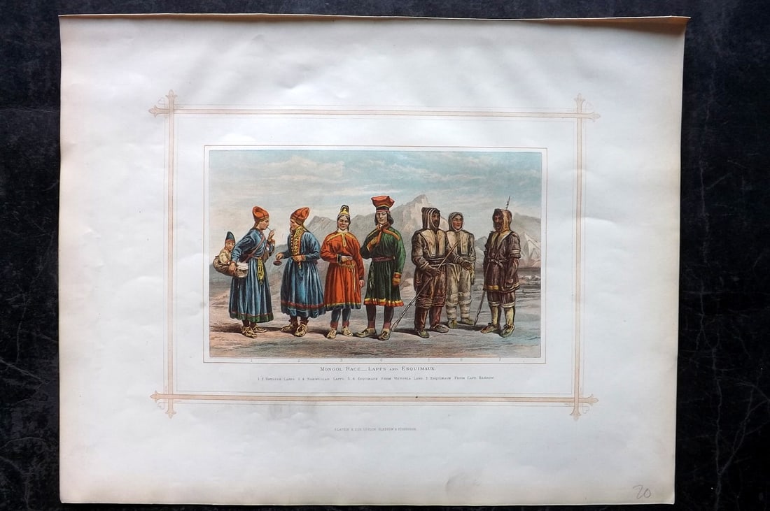 Blackie (Pub) 1882 Folio Print. Mongol Race - Lapps and Esquimaux. Canada Scandinavia: Color Printed Woodblock Published 1882 by Blackie & Son, London for "The Comprehensive Atlas & Geography of the World" by W. G. Blackie. Paper Size: 15 x 12 inch (38 x 30cm) Good condition