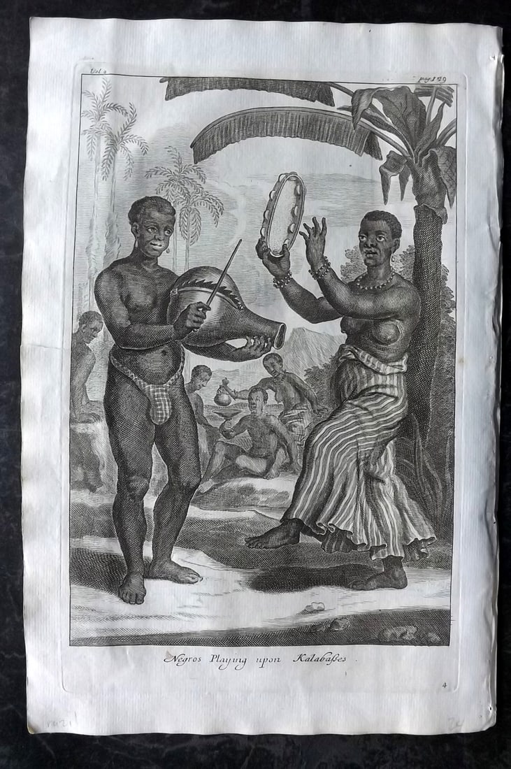 Churchill & Nieuhof 1744 Folio Print. Brazil - Negros playing the Kalabasses: Folio Copper Plate Published 1704-47 [1744] London for "A Collection of Voyages and Travels..." By Awnsham & John Churchill. The work based mostly on the Voyages and Travels into Brasil and the East-I