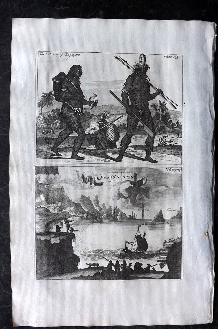 Churchill & Nieuhof 1744 Folio Print. Brazil - Tapoyars & Sao Vicente, Ships: Folio Copper Plate Published 1704-47 [1744] London for "A Collection of Voyages and Travels..." By Awnsham & John Churchill. The work based mostly on the Voyages and Travels into Brasil and the East-I