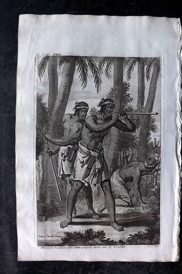 Churchill & Nieuhof 1744 Folio Print. Makassar Soldiers, Indonesia East Indies: Folio Copper Plate Published 1704-47 [1744] London for "A Collection of Voyages and Travels..." By Awnsham & John Churchill. The work based mostly on the Voyages and Travels into Brasil and the East-I
