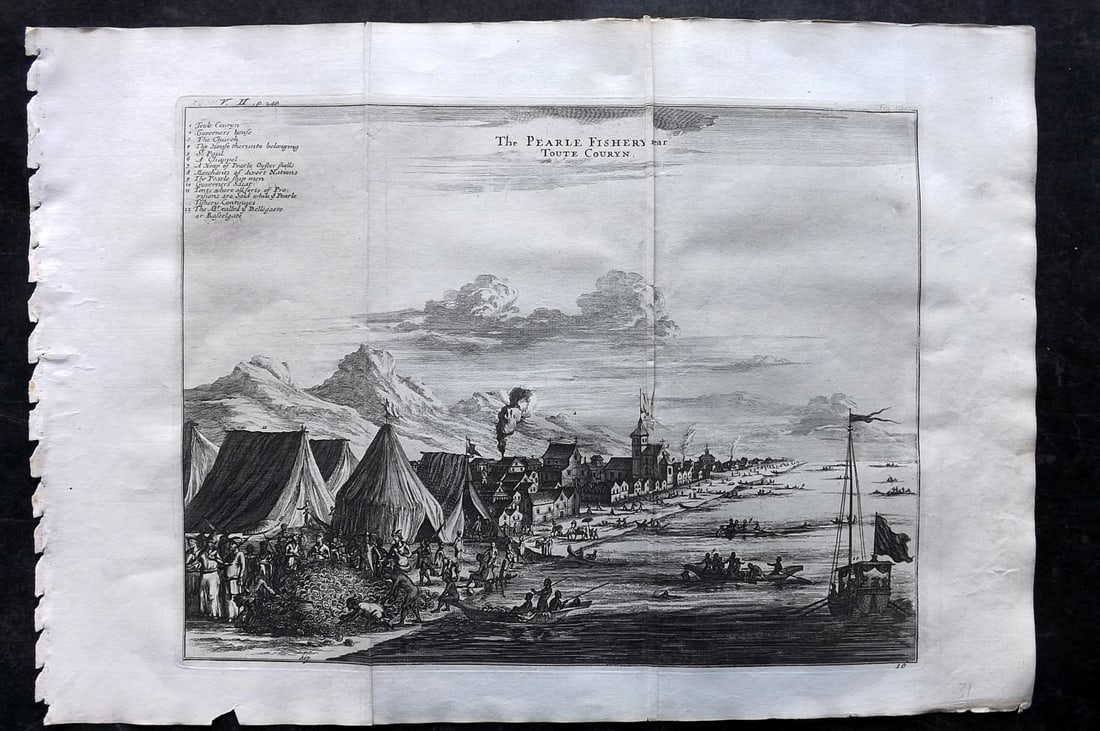 Churchill & Nieuhof 1744 LG Folio Print. India - Pearl Fishery, Toutte Couryn: "The Pearle Fishery near Toute Couryn" Folio Copper Plate Published 1704-47 [1744] London for "A Collection of Voyages and Travels..." By Awnsham & John Churchill. The work based mostly on the Voyages