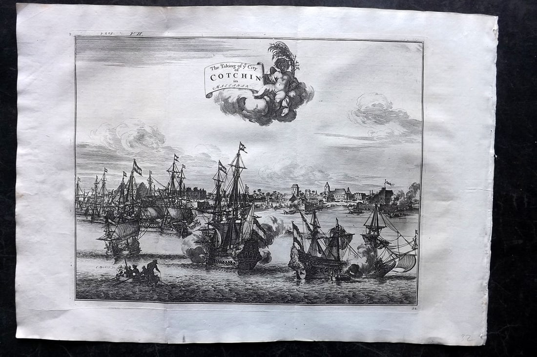 Churchill & Nieuhof 1744 LG Folio Print. India - Taking of Cochin, Ships: "The Taking of ye City of Cotchin in Malabar" Folio Copper Plate Published 1704-47 [1744] London for "A Collection of Voyages and Travels..." By Awnsham & John Churchill. The work based mostly on the 