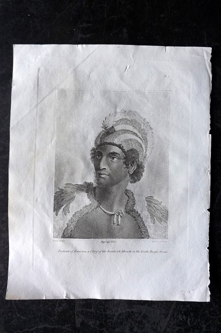 Cooke, George 1801 Print. Kaneena, Chief of the Sandwich Islands. Hawaii: Copper Plate Published 1801-07 by Macdonald & Son, London for "Modern and Authentic System of Universal Geography" By George A. Cooke. Paper Size: 10 x 8 inch (26 x 21cm) Tiny pinhole in margin. Good 