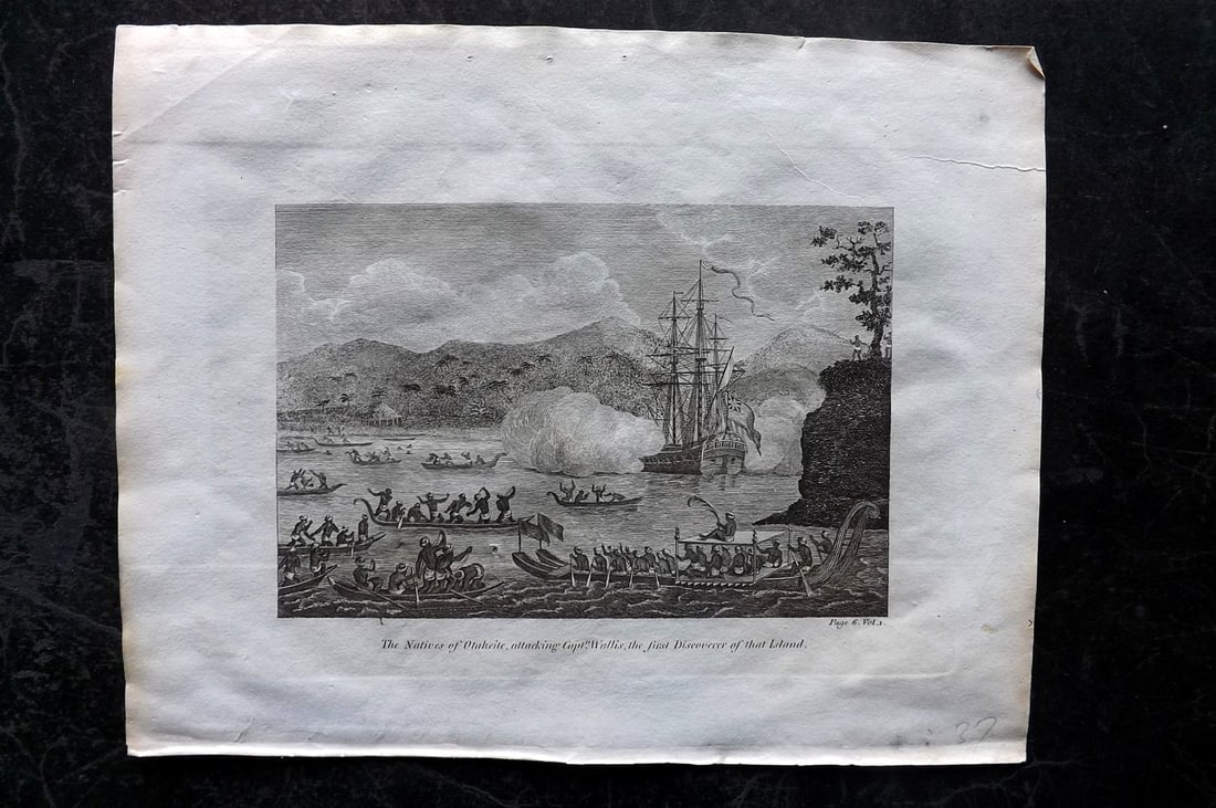 Cooke, George 1801 Print. Natives of Tahiti attacking Capt. Wallis: Copper Plate Published 1801-07 by Macdonald & Son, London for "Modern and Authentic System of Universal Geography" By George A. Cooke. Paper Size: 10 x 8 inch (26 x 21cm) Good Condition
