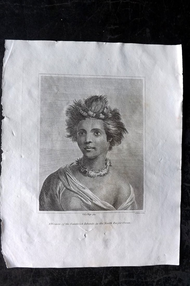 Cooke, George 1801 Print. Woman of the Sandwich Islands. Hawaii: Copper Plate Published 1801-07 by Macdonald & Son, London for "Modern and Authentic System of Universal Geography" By George A. Cooke. Paper Size: 10 x 8 inch (26 x 21cm) Very minor toning. Tiny margi