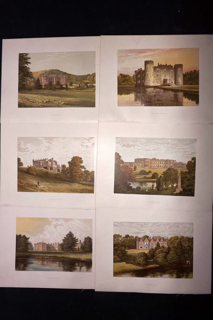 Morris Seats C1870 Lot of 6 British Color Woodblock Views: Color Printed Woodblock Published 1866-1880 by William Mckenzie, London for "Picturesque Views of Seats of Noblemen and Gentlemen of Great Britain and Ireland" by the Rev. F. O. Morris. Printed by Ben