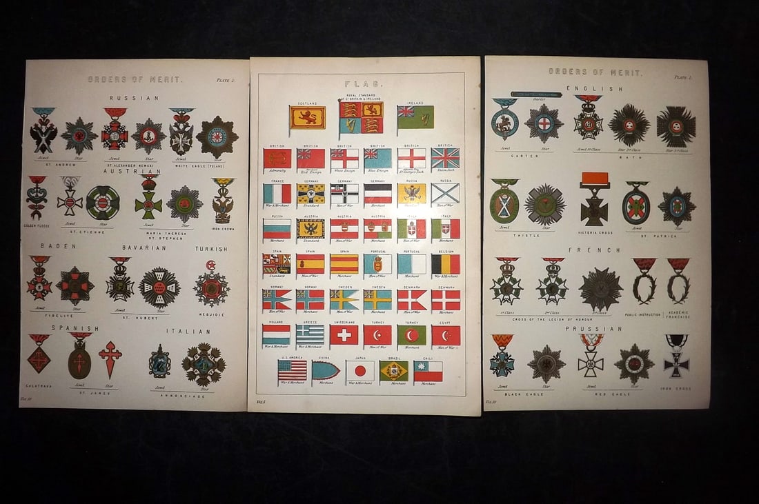 National Encyclopedia 1891 Lot of 3 Prints. Flag, Orders of Merit: Chromolithographs Published 1891-1901 by William Mackenzie, London for "The National Encyclopedia: A dictionary of Universal Knowledge" Paper Size: 9.5 x 6 inch (24 x 15cm) Good Condition