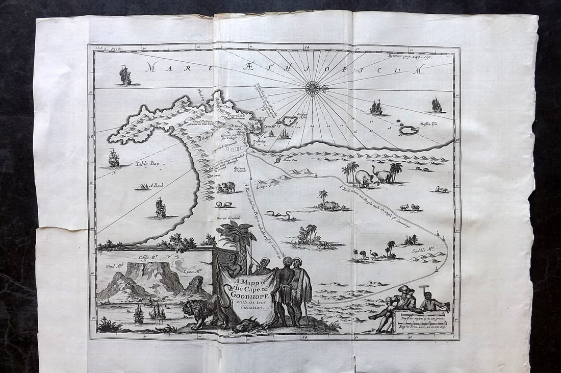 Churchill & Nieuhof 1744 Folio Map. Cape of Good Hope, South Africa: "A Mapp of the Cape of Good Hope" Folio Copper Engraved Map Published 1704-47 [1744] London for "A Collection of Voyages and Travels..." By Awnsham & John Churchill. The work based mostly on the Voyag