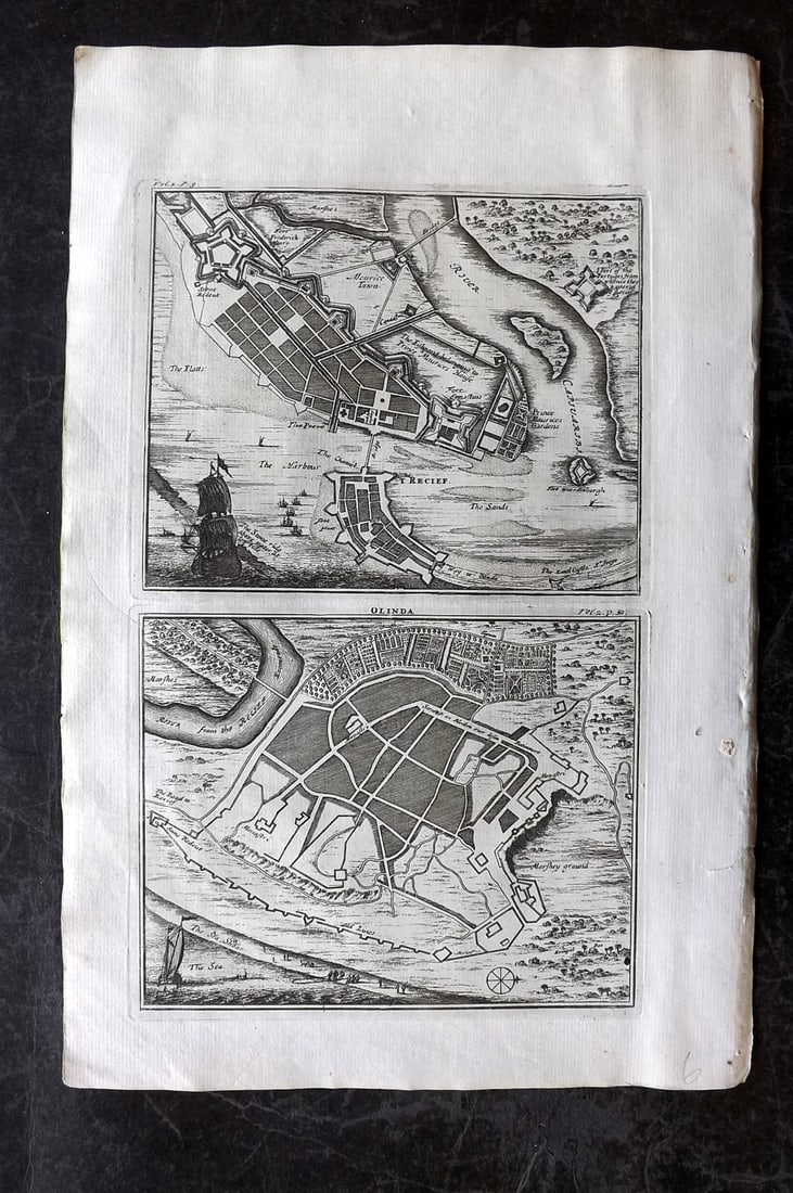 Churchill & Nieuhof 1744 Folio Map. Olinda, Brazil: Copper Engraved Map Published 1704-47 [1744] London for "A Collection of Voyages and Travels..." By Awnsham & John Churchill. The work based mostly on the Voyages and Travels into Brasil and the East-