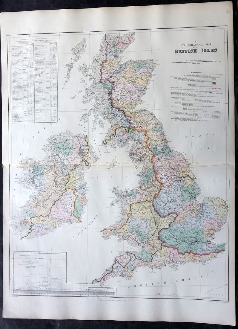 Stanford, Edward 1901 Large Map. Hydrographical Map of the British Isles: Large Folio Lithograph Map Published 1901, London for "Stanford's London Atlas of Universal Geography" by Edward Stanford. Centre fold as published. Paper Size: 29 x 21.5 inch (74 x 55cm) Good Conditi