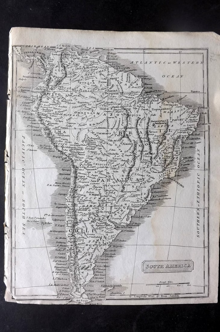 Johnson & Exley 1812 Antique Map. South America: Copper Engraved Map Published 1812, London for "The Imperial Encyclopaedia; Or, Dictionary of the Sciences and Arts" by William Moore Johnson & Thomas Exley. Paper Size: 10.5 x 8.5 inch (27 x 22cm) Wa