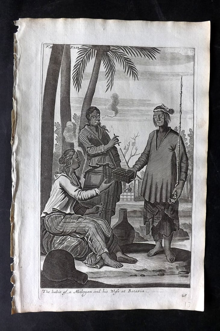 Churchill & Nieuhof 1744 Folio Print. A Malayan & his Wife at Batavia Indonesia: Folio Copper Plate Published 1704-47 [1744] London for "A Collection of Voyages and Travels..." By Awnsham & John Churchill. The work based mostly on the Voyages and Travels into Brasil and the East-I