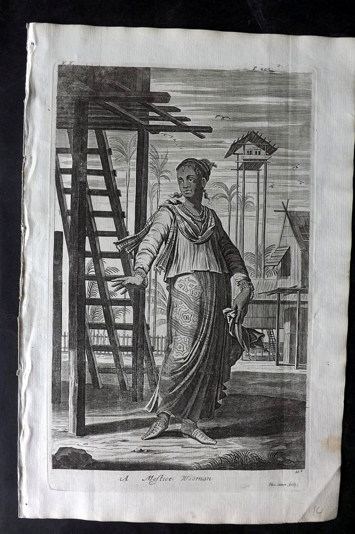 Churchill & Nieuhof 1744 Folio Print. A Mestice Wooman. Indonesia East Indies: Folio Copper Plate Published 1704-47 [1744] London for "A Collection of Voyages and Travels..." By Awnsham & John Churchill. The work based mostly on the Voyages and Travels into Brasil and the East-I