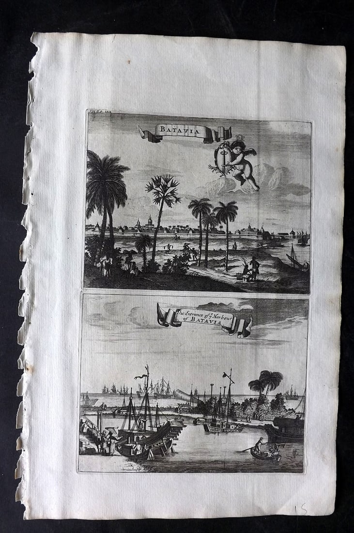 Churchill & Nieuhof 1744 Folio Print. Batavia Indonesia East Indies: Folio Copper Plate Published 1704-47 [1744] London for "A Collection of Voyages and Travels..." By Awnsham & John Churchill. The work based mostly on the Voyages and Travels into Brasil and the East-I