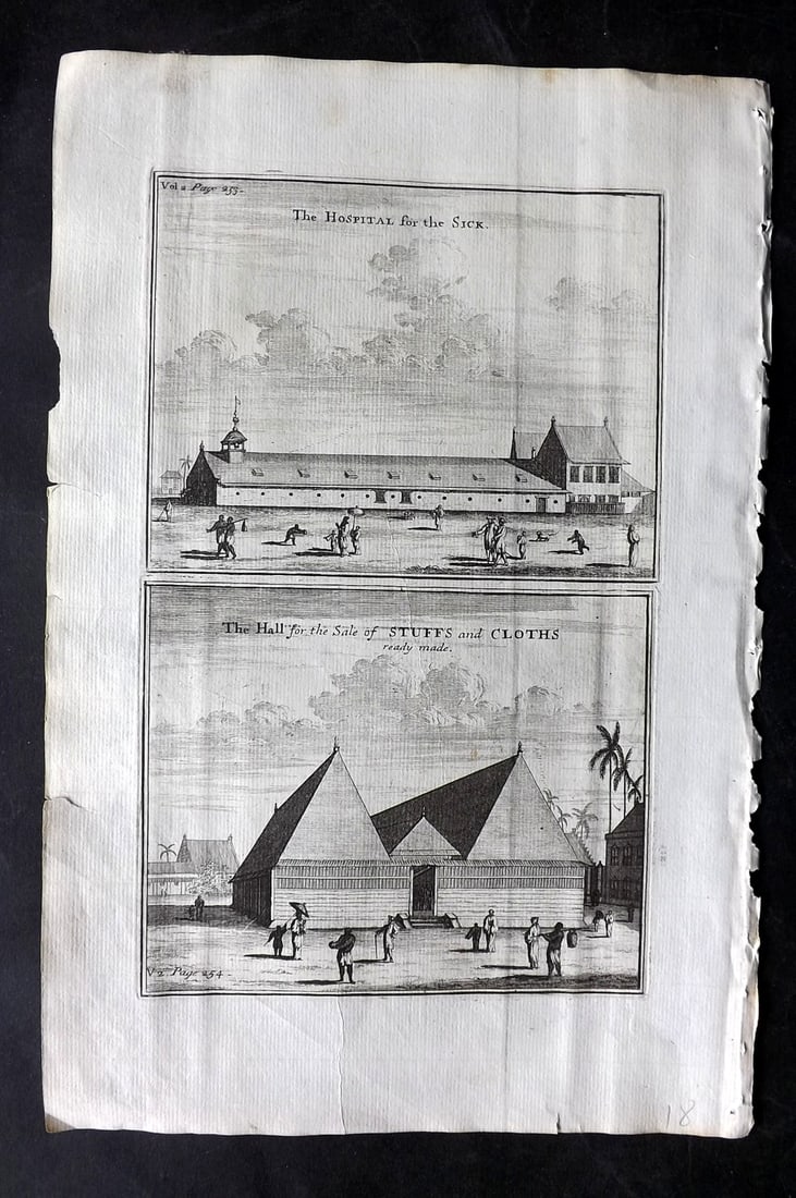 Churchill & Nieuhof 1744 Folio Print. Hospital & Hall. Batavia Indonesia: Folio Copper Plate Published 1704-47 [1744] London for "A Collection of Voyages and Travels..." By Awnsham & John Churchill. The work based mostly on the Voyages and Travels into Brasil and the East-I