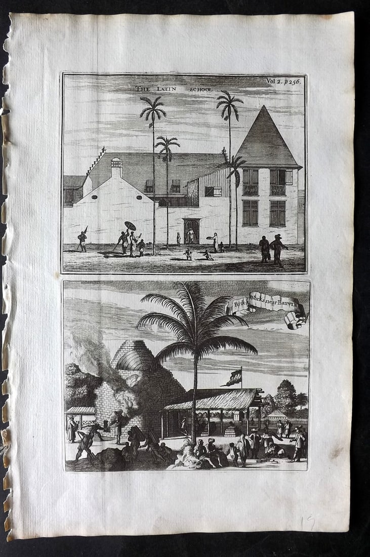 Churchill & Nieuhof 1744 Folio Print. Latin School & Brick Works near Batavia Indonesia: Folio Copper Plate Published 1704-47 [1744] London for "A Collection of Voyages and Travels..." By Awnsham & John Churchill. The work based mostly on the Voyages and Travels into Brasil and the East-I