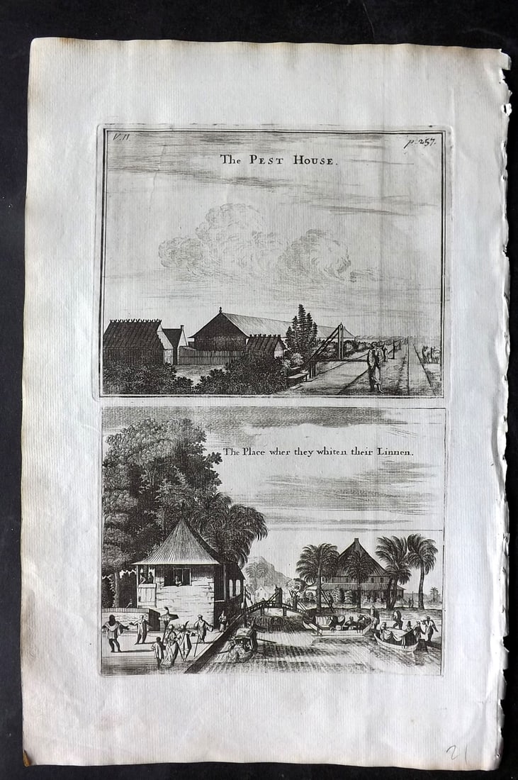 Churchill & Nieuhof 1744 Folio Print. Pest House & Place where the Whiten Linen. Batavia: Folio Copper Plate Published 1704-47 [1744] London for "A Collection of Voyages and Travels..." By Awnsham & John Churchill. The work based mostly on the Voyages and Travels into Brasil and the East-I