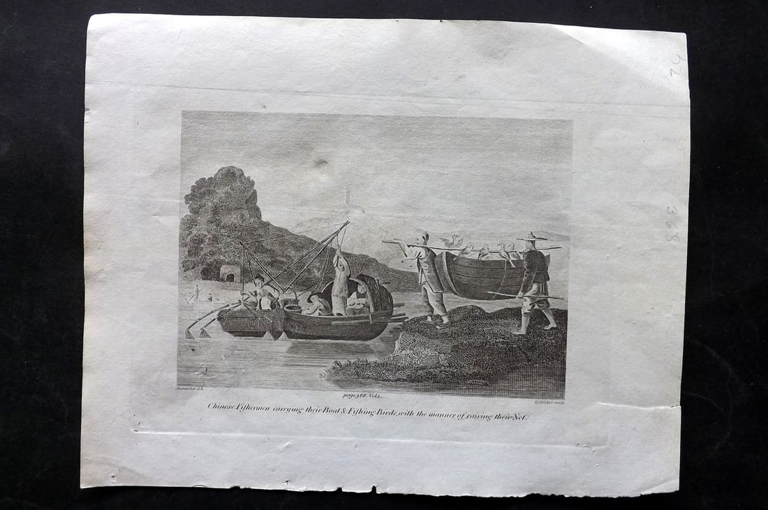 Cooke, George 1801 Print. Chinese Fishermen fishing for Birds. China: Copper Plate Published 1801-07 by Macdonald & Son, London for "Modern and Authentic System of Universal Geography" By George A. Cooke. Paper Size: 10 x 8 inch (26 x 21cm) Right margin tear, otherwise 