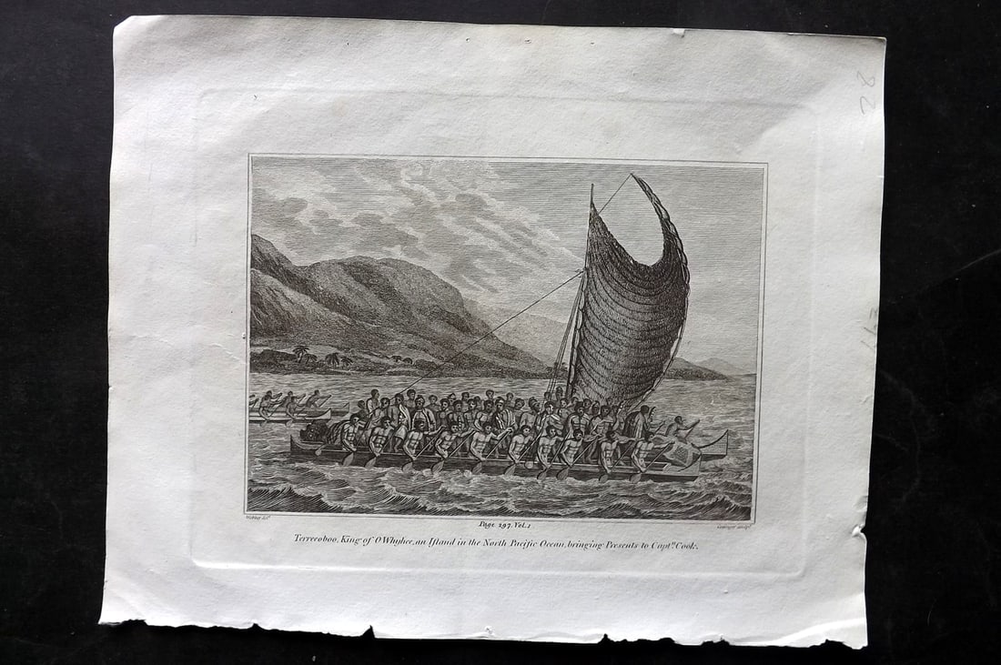 Cooke, George 1801 Print. Terreeoboo King of Hawaii bringing presents to Cap. Cook: Copper Plate Published 1801-07 by Macdonald & Son, London for "Modern and Authentic System of Universal Geography" By George A. Cooke. Paper Size: 10 x 8 inch (26 x 21cm) Good Condition