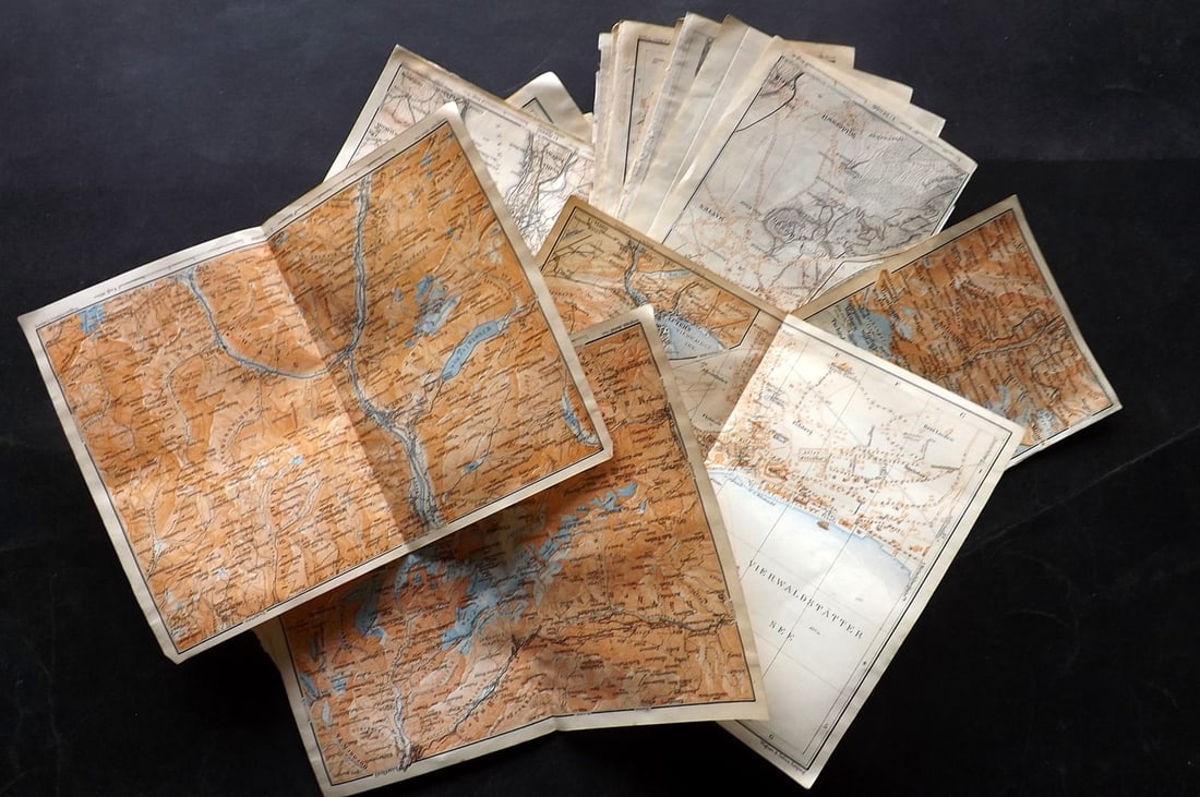 Baedeker, Karl 1922 Lot of 25 Antique Maps. Switzerland: Lithograph Maps Published 1922, Leipzig for "Switzerland together with Chamonix and the Italian Lakes. Handbook for Travellers" by Karl Baedeker. Folds as issued. Paper Size: Up to 15.5 x 11 inch (39 