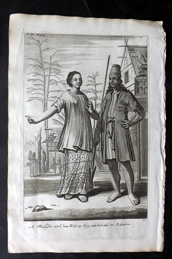 Churchill & Nieuhof 1744 Folio Print. A Makasser with his wife. Batavia Indonesia: Folio Copper Plate Published 1704-47 [1744] London for "A Collection of Voyages and Travels..." By Awnsham & John Churchill. The work based mostly on the Voyages and Travels into Brasil and the East-I