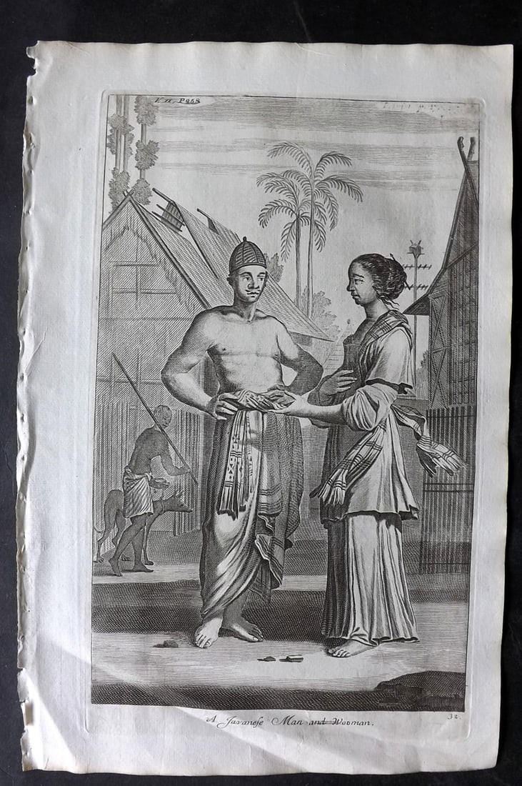 Churchill & Nieuhof 1744 Folio Print. Javanese Man & Woman, Indonesia: Folio Copper Plate Published 1704-47 [1744] London for "A Collection of Voyages and Travels..." By Awnsham & John Churchill. The work based mostly on the Voyages and Travels into Brasil and the East-I