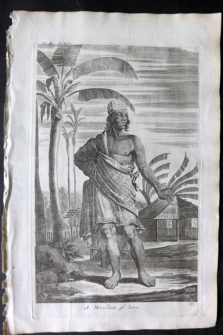 Churchill & Nieuhof 1744 Folio Print. Merchant of Java, Indonesia East Indies: Folio Copper Plate Published 1704-47 [1744] London for "A Collection of Voyages and Travels..." By Awnsham & John Churchill. The work based mostly on the Voyages and Travels into Brasil and the East-I