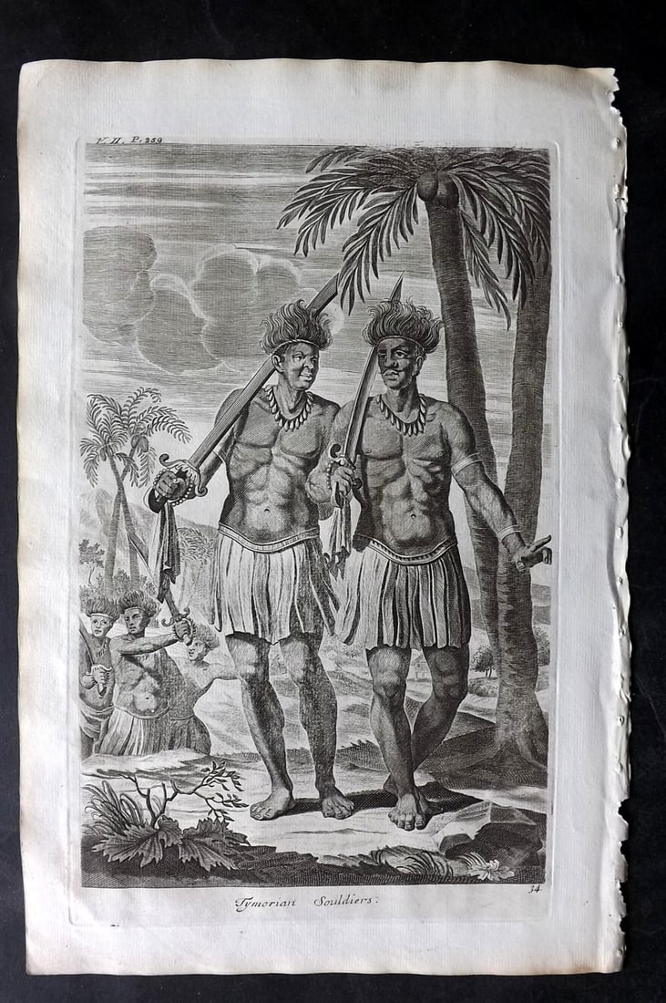 Churchill & Nieuhof 1744 Folio Print. Tymorian Soldiers, East Indies: Folio Copper Plate Published 1704-47 [1744] London for "A Collection of Voyages and Travels..." By Awnsham & John Churchill. The work based mostly on the Voyages and Travels into Brasil and the East-I