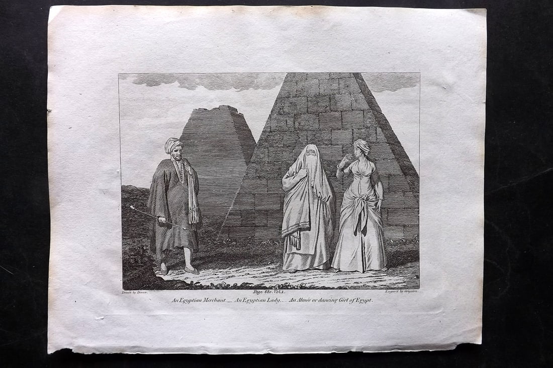Cooke, George 1801 Print. Egypt Costume and Pyramids: Copper Plate Published 1801-07 by Macdonald & Son, London for "Modern and Authentic System of Universal Geography" By George A. Cooke. Paper Size: 10 x 8 inch (26 x 21cm) Good Condition
