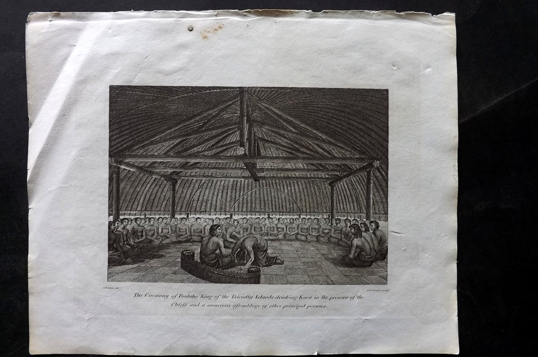 Cooke, George 1801 Print. King of Friendly Islands drinking Kava. Pacific: Copper Plate Published 1801-07 by Macdonald & Son, London for "Modern and Authentic System of Universal Geography" By George A. Cooke. Paper Size: 10 x 8 inch (26 x 21cm) Minor toning in top margin. G