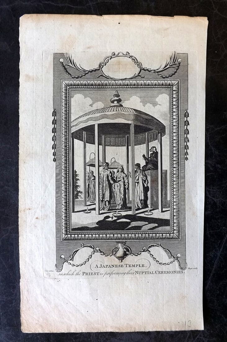 Hurd, William C1780 Folio Print. A Japanese Temple: Folio Copper Plate Published 1779-1812, London for "A New Universal History of the Religious Rites, Ceremonies and Customs, of the Whole World?" by Dr. William Hurd. Paper Size: 15 x 8.5 inch (38 x 22