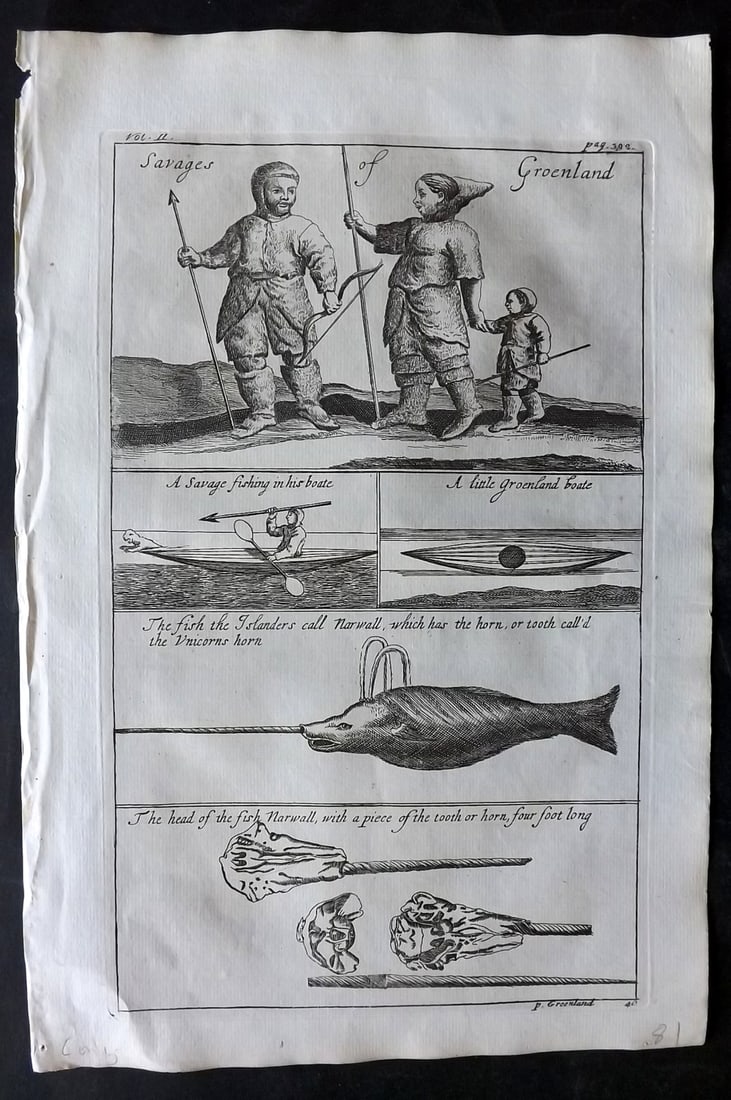 Churchill, Awnsham & John 1744 Folio Print. Narwhal, Greenlanders Fishing: Folio Copper Plate Published 1704-47 [1744] London for "A Collection of Voyages and Travels..." By Awnsham & John Churchill. The work based mostly on the Voyages and Travels into Brasil and the East-I