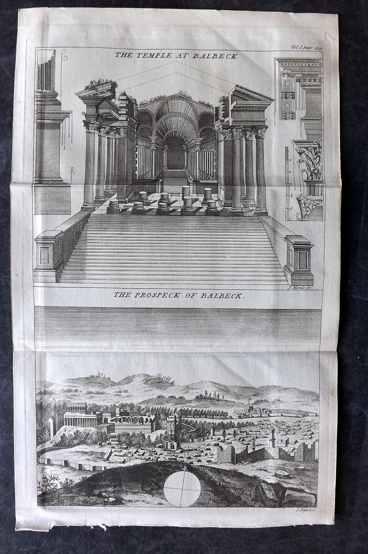 Sale & Psalmanazar 1779 Print. Baalbek, Lebanon: Copper Plate Published 1779, London for "An Universal history, from the earliest account of time..." by George Sale, George Psalmanazar et al. Folds as issued. Paper Size: 13 x 8 inch (34 x 21cm) Good