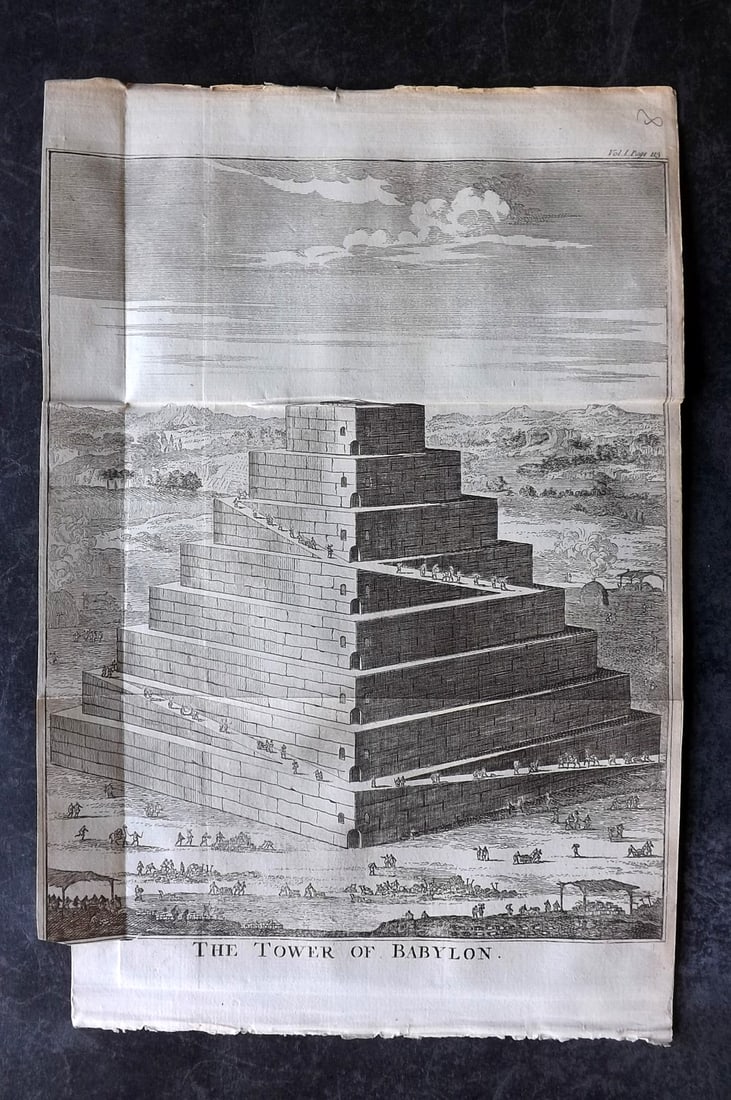 Sale & Psalmanazar 1779 Print. Tower of Babylon: Copper Plate Published 1779, London for "An Universal history, from the earliest account of time..." by George Sale, George Psalmanazar et al. Folds as issued. Paper Size: 13 x 8 inch (33 x 21cm) Good