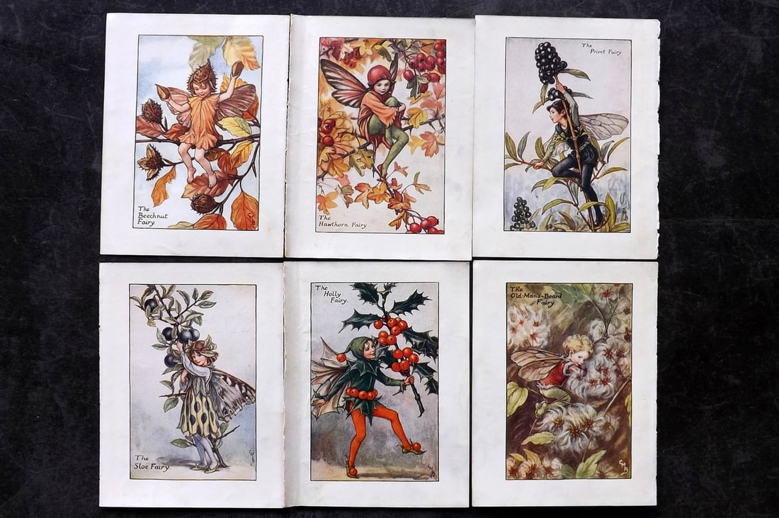 Barker, Cicely Mary C1940 Lot of 6 Flower-Fairy Prints - Autumn: Spring Fairies. Lithographs Published C1935-45 by Blackie & Son, London & Glasgow for the "Flower-Fairies" Series by Cicely Mary Barker. Reverse side blank. Paper Size: 5.5 x 4 inch (14 x 10cm) Good C