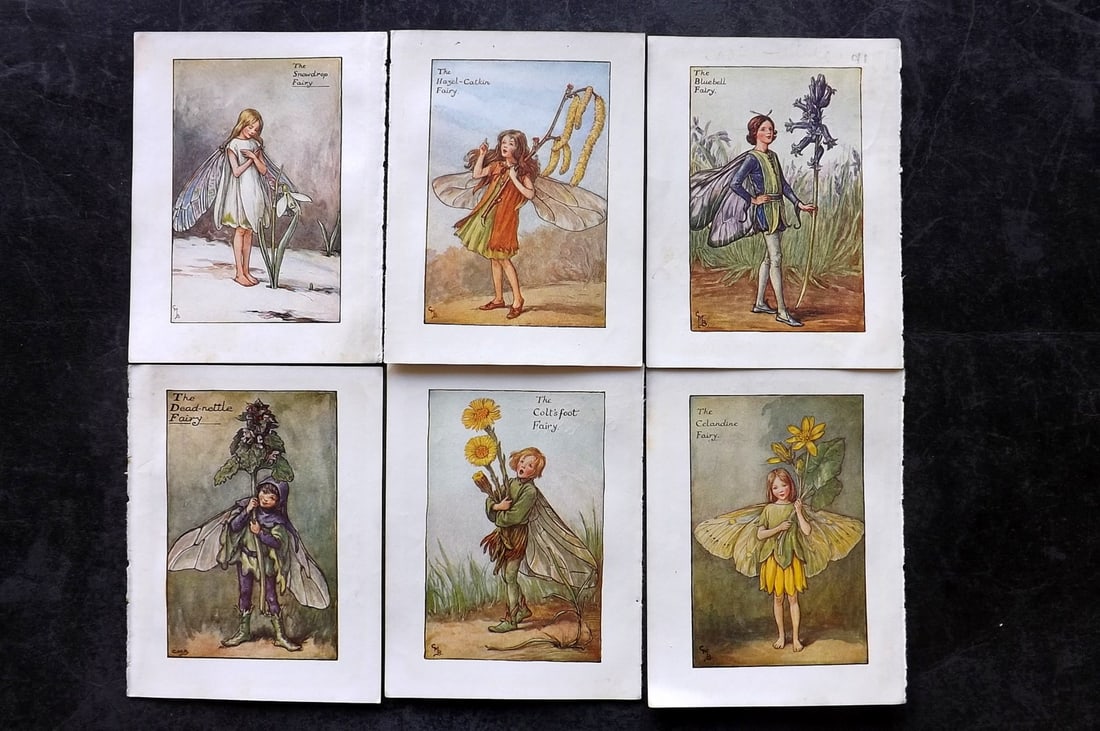 Barker, Cicely Mary C1940 Lot of 6 Flower-Fairy Prints - Spring: Spring Fairies. Lithographs Published C1935-45 by Blackie & Son, London & Glasgow for the "Flower-Fairies" Series by Cicely Mary Barker. Reverse side blank. Paper Size: 5.5 x 4 inch (14 x 10cm) Good C