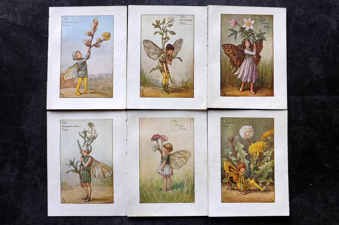 Barker, Cicely Mary C1940 Lot of 6 Flower-Fairy Prints - Spring: Spring Fairies. Lithographs Published C1935-45 by Blackie & Son, London & Glasgow for the "Flower-Fairies" Series by Cicely Mary Barker. Reverse side blank. Paper Size: 5.5 x 4 inch (14 x 10cm) Good C