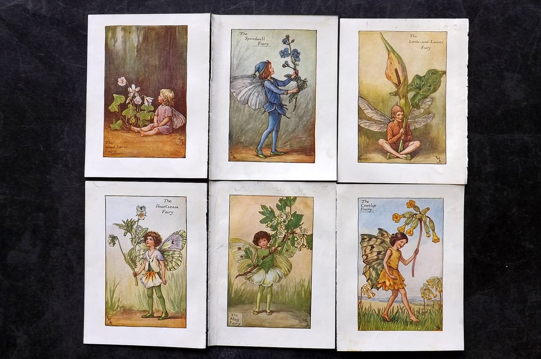 Barker, Cicely Mary C1940 Lot of 6 Flower-Fairy Prints - Spring: Spring Fairies. Lithographs Published C1935-45 by Blackie & Son, London & Glasgow for the "Flower-Fairies" Series by Cicely Mary Barker. Reverse side blank. Paper Size: 5.5 x 4 inch (14 x 10cm) Good C