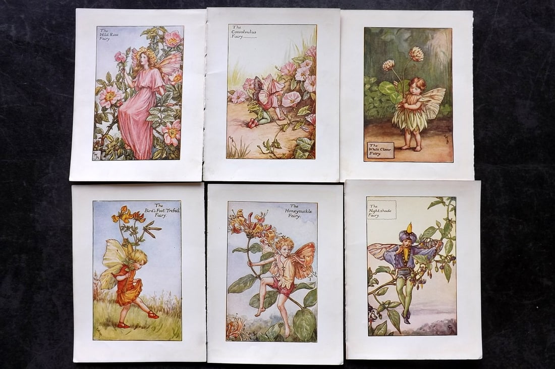 Barker, Cicely Mary C1940 Lot of 6 Flower-Fairy Prints - Summer: Spring Fairies. Lithographs Published C1935-45 by Blackie & Son, London & Glasgow for the "Flower-Fairies" Series by Cicely Mary Barker. Reverse side blank. Paper Size: 5.5 x 4 inch (14 x 10cm) Good C