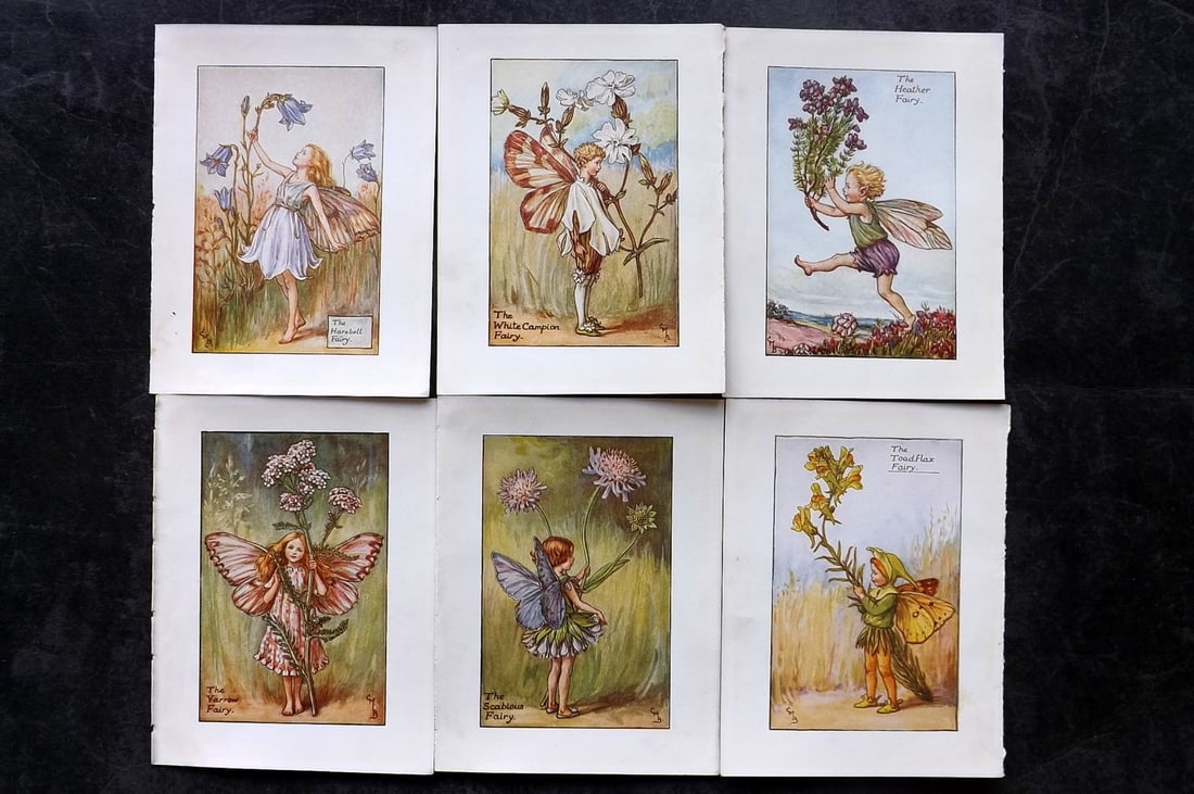 Barker, Cicely Mary C1940 Lot of 6 Flower-Fairy Prints - Summer: Spring Fairies. Lithographs Published C1935-45 by Blackie & Son, London & Glasgow for the "Flower-Fairies" Series by Cicely Mary Barker. Reverse side blank. Paper Size: 5.5 x 4 inch (14 x 10cm) Good C