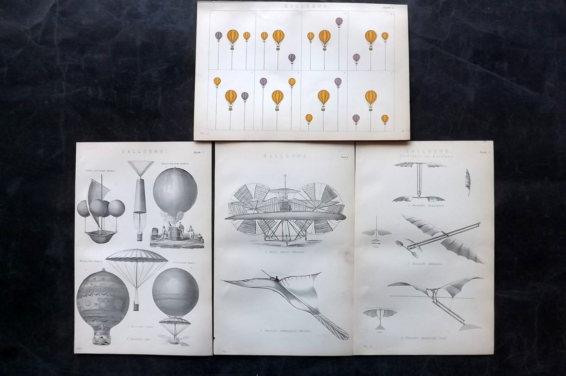 National Encyclopedia 1891 Lot of 4 Prints. Balloons: Woodblocks/Lithographs and Chromolithograph Published 1891-1901 by William Mackenzie, London for "The National Encyclopedia: A dictionary of Universal Knowledge" Paper Size: 9.5 x 6 inch (24 x 15cm) G