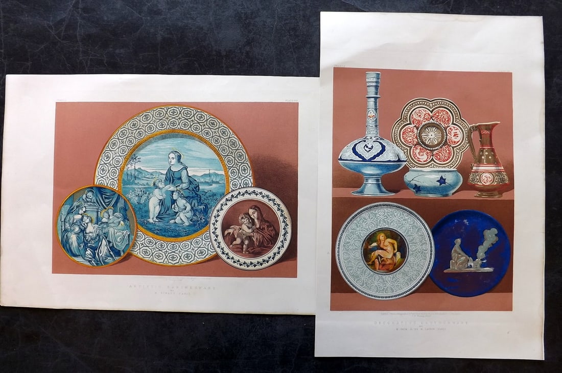 Waring, John 1863 Pair of LG Folio Prints. Earthenware: Chromolithographs Published 1863 by Day & Son, London for "Masterpieces of Industrial Art & Sculpture at The Great Exhibition, 1862" by J. B. Waring. Chromolithographed by and under the direction of W