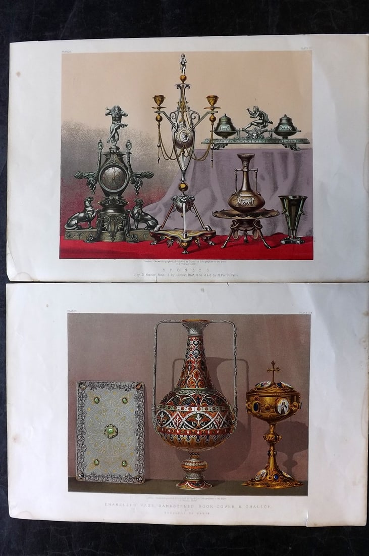 Waring, John 1863 Pair of LG Folio Prints. Enamelled Vase & Bronzes: Chromolithographs Published 1863 by Day & Son, London for "Masterpieces of Industrial Art & Sculpture at The Great Exhibition, 1862" by J. B. Waring. Chromolithographed by and under the direction of W