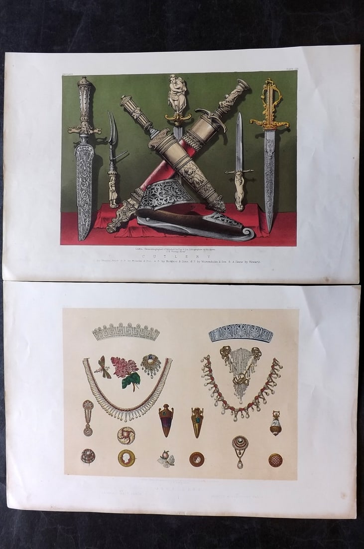 Waring, John 1863 Pair of LG Folio Prints. Jewellery & Cutlery: Chromolithographs Published 1863 by Day & Son, London for "Masterpieces of Industrial Art & Sculpture at The Great Exhibition, 1862" by J. B. Waring. Chromolithographed by and under the direction of W