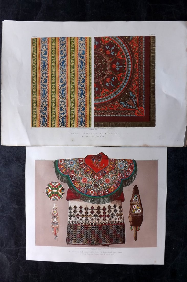 Waring, John 1863 Pair of LG Folio Prints. North America, Greece & Circassian Costume: Plus table cloths made in Vienna. Chromolithographs Published 1863 by Day & Son, London for "Masterpieces of Industrial Art & Sculpture at The Great Exhibition, 1862" by J. B. Waring. Chromolithograph