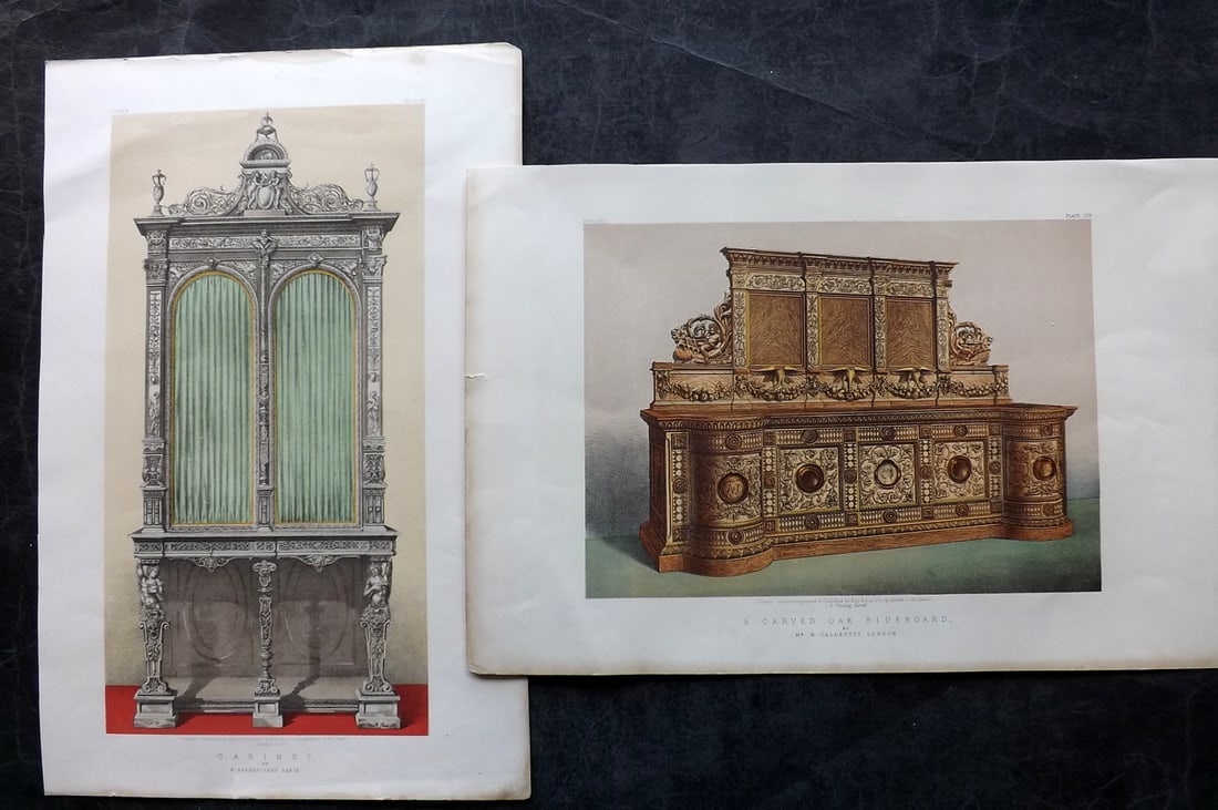 Waring, John 1863 Pair of LG Folio Prints. Oak Sideboard & Cabinet (1 of 2)