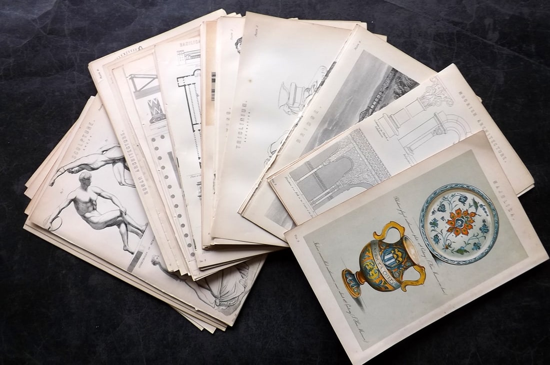 National Encyclopedia 1891 Lot of 64 Prints. Architecture & Art: Woodblock/Steel Engravings and Chromolithographs Published 1891-1901 by William Mackenzie, London for "The National Encyclopedia: A dictionary of Universal Knowledge" Paper Size: 9.5 x 6 inch (24 x 15